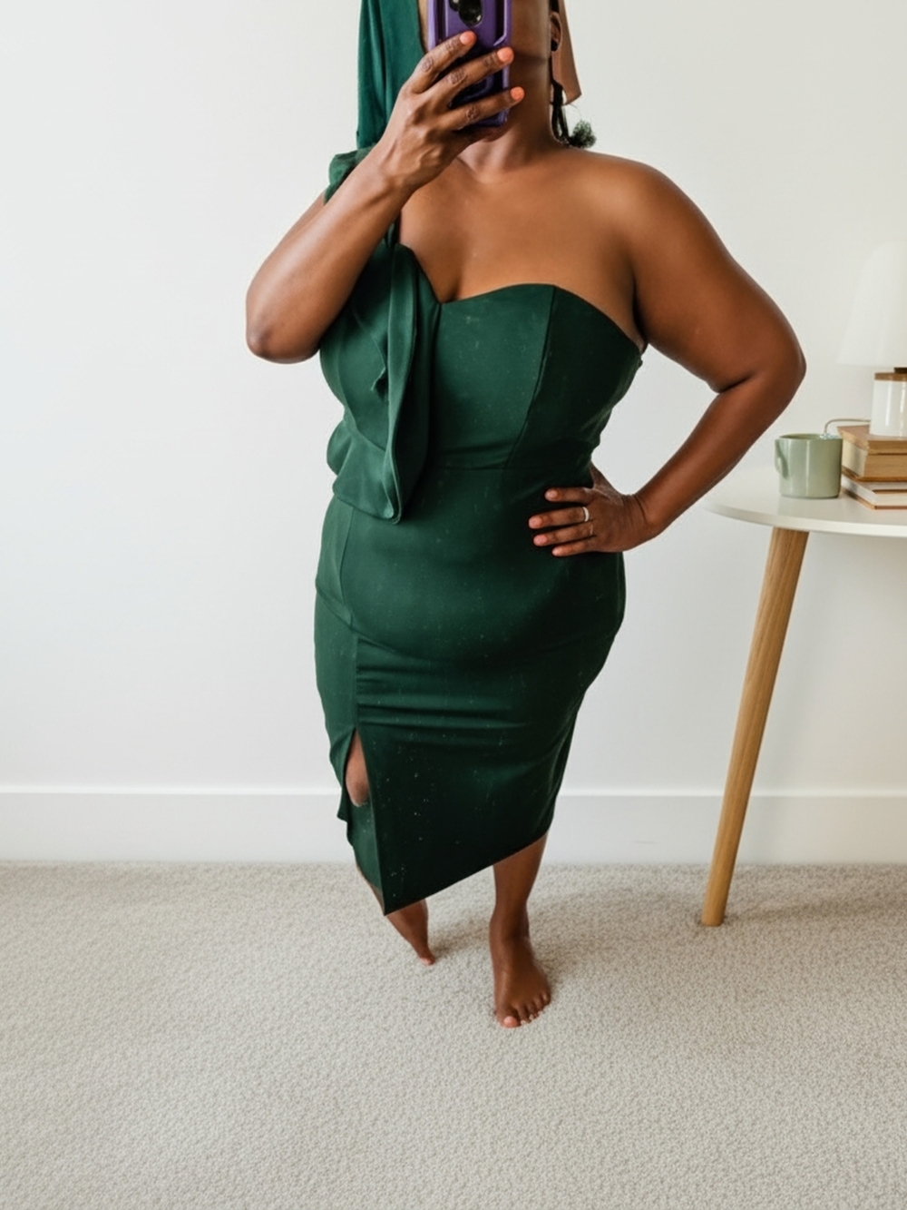 Strapless Emerald Green Midi Dress with Side Slit